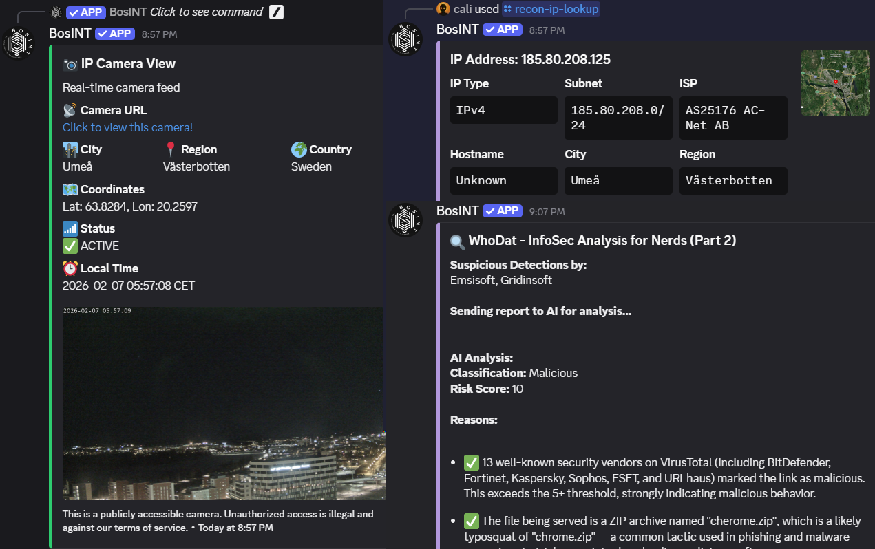 BosINT bot results inside Discord: IP lookup and WhoDAT threat analysis